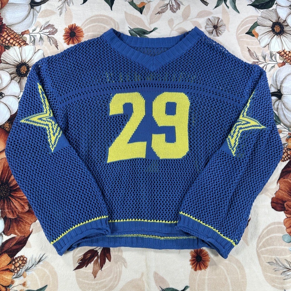 SHEIN Womens Boston 29 Star Open Knit Mesh Jersey Sweater Blue Yellow Size Small